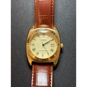 Stauer TimeMaster Piezo Mens Gold Brown Leather Strap Dress Watch